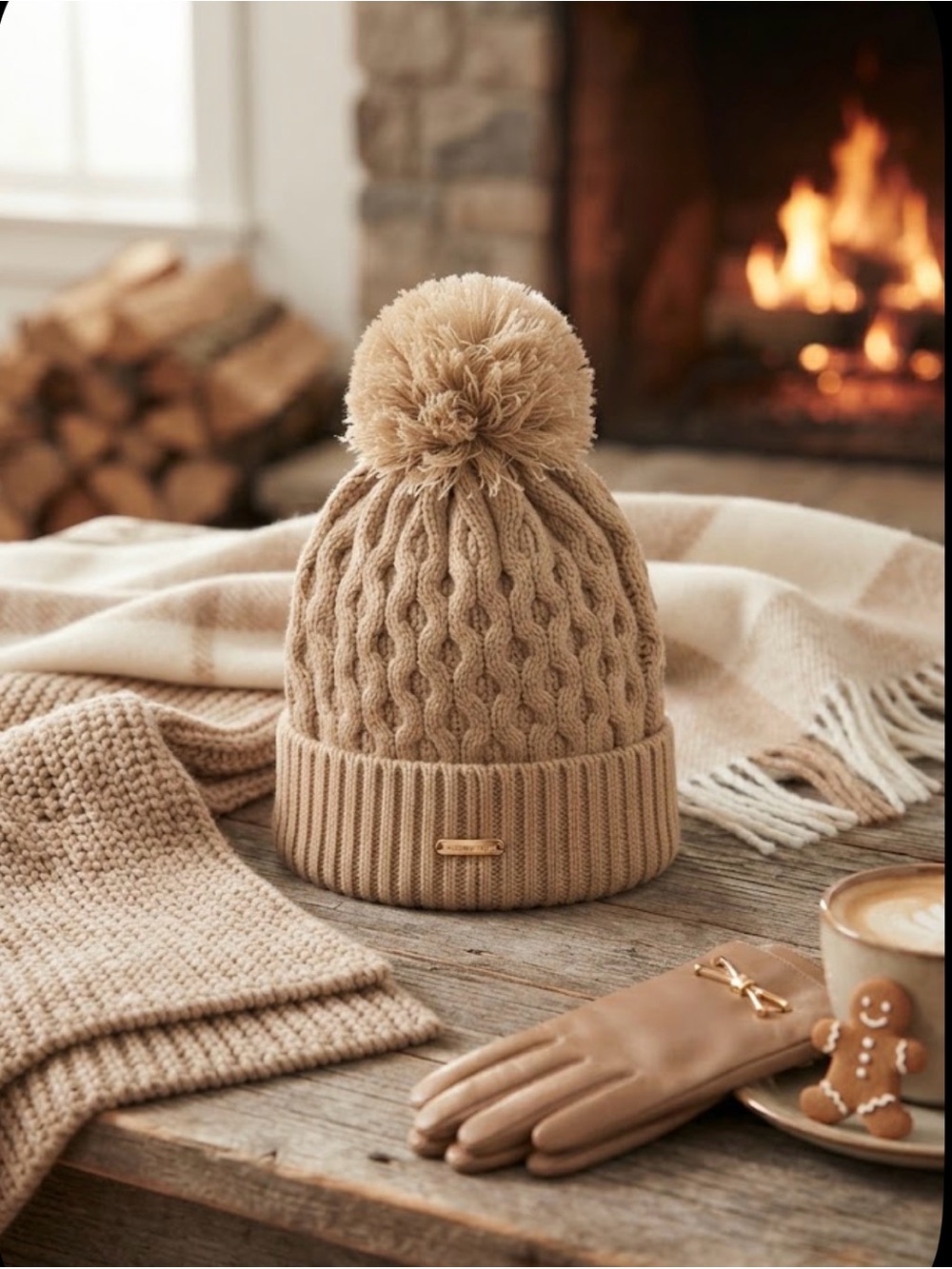 Calvin Klein Women’s Honey Beige Cable Knit Pom Pom Beanie Hat. Cozy and warm